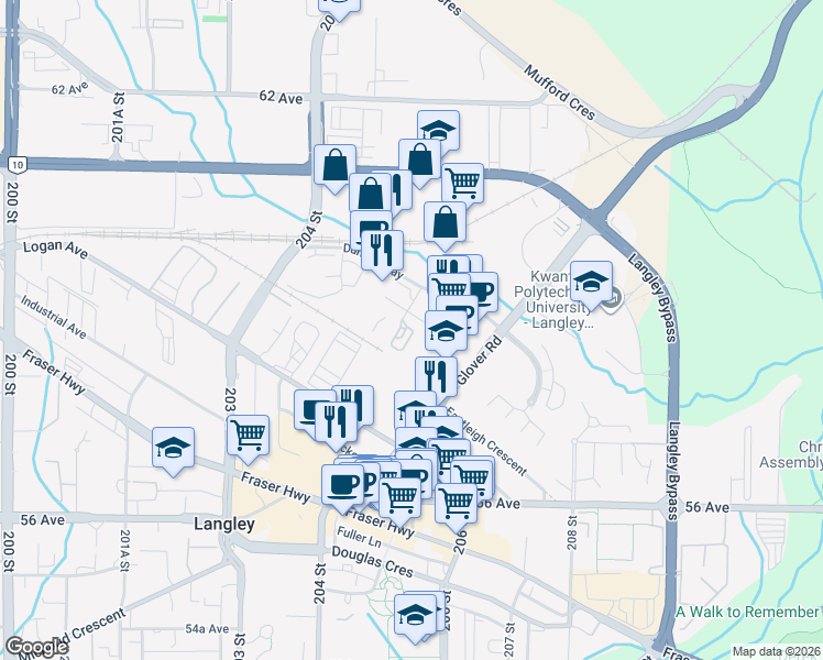map of restaurants, bars, coffee shops, grocery stores, and more near 7534 205A Street in Langley