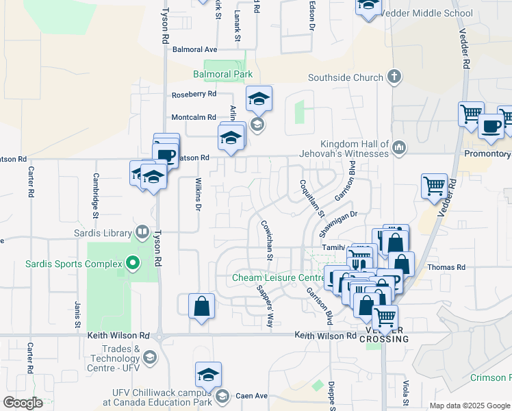 map of restaurants, bars, coffee shops, grocery stores, and more near 5850 Cowichan Street in Chilliwack