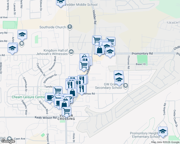 map of restaurants, bars, coffee shops, grocery stores, and more near 5817 Vedder Road in Chilliwack