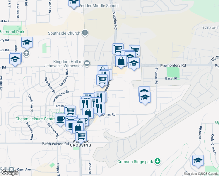 map of restaurants, bars, coffee shops, grocery stores, and more near 5904 Vedder Road in Chilliwack