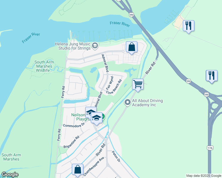 map of restaurants, bars, coffee shops, grocery stores, and more near 5830 Fair Wynd in Delta