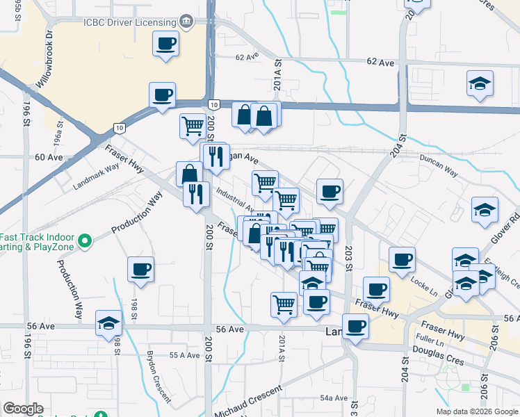 map of restaurants, bars, coffee shops, grocery stores, and more near 20131 Industrial Avenue in Langley