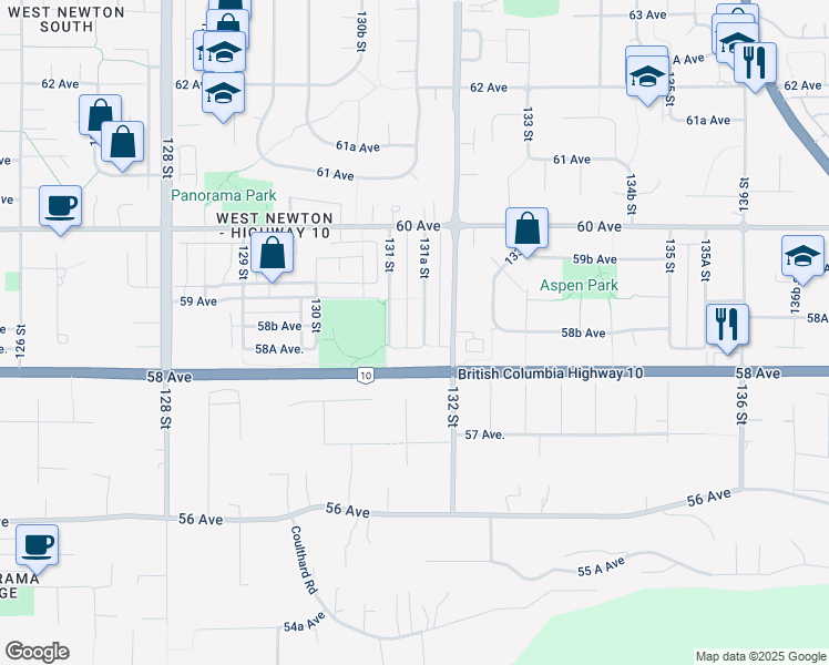map of restaurants, bars, coffee shops, grocery stores, and more near 5865 131A Street in Surrey