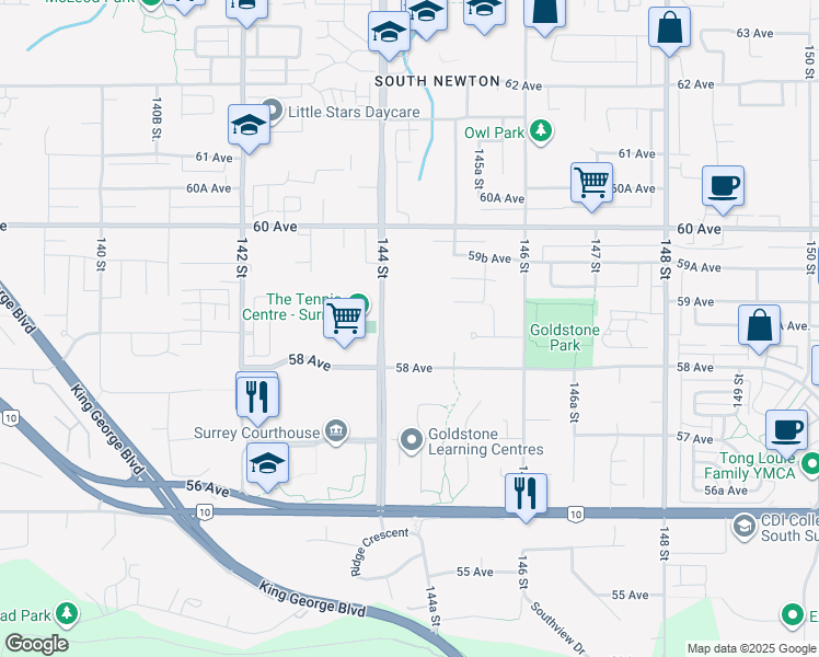 map of restaurants, bars, coffee shops, grocery stores, and more near 5888 144 Street in Surrey