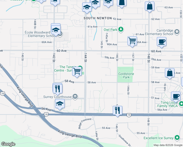 map of restaurants, bars, coffee shops, grocery stores, and more near 5888 144 Street in Surrey