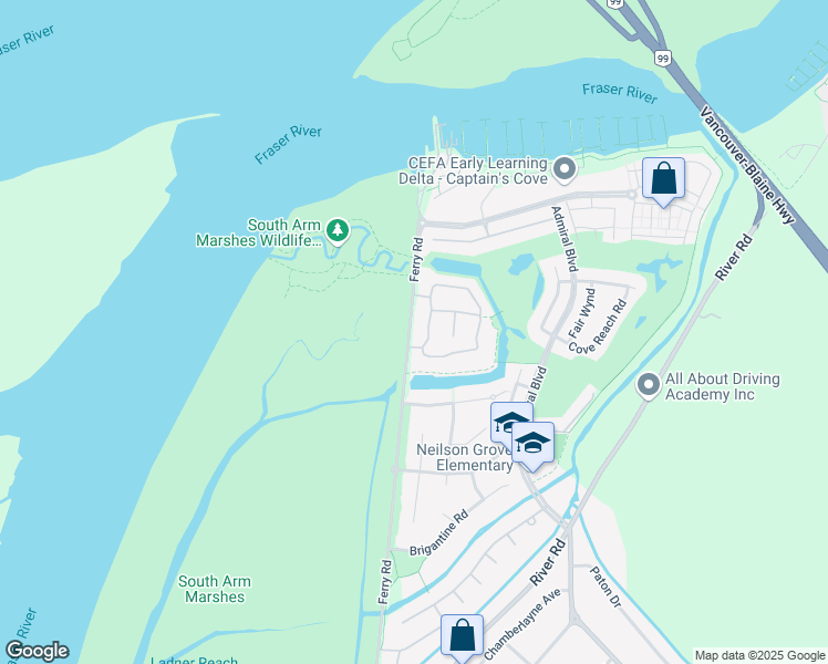 map of restaurants, bars, coffee shops, grocery stores, and more near 5900 Ferry Road in Delta