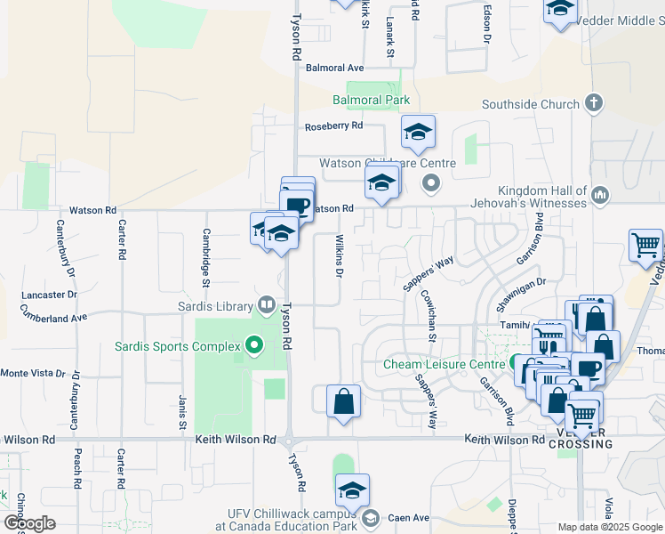 map of restaurants, bars, coffee shops, grocery stores, and more near 5909 Wilkins Drive in Chilliwack