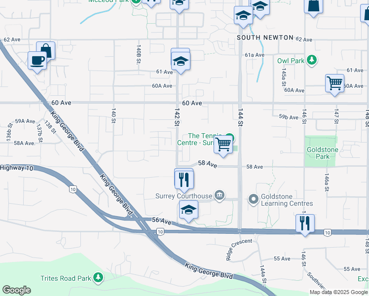 map of restaurants, bars, coffee shops, grocery stores, and more near 5858 142 Street in Surrey