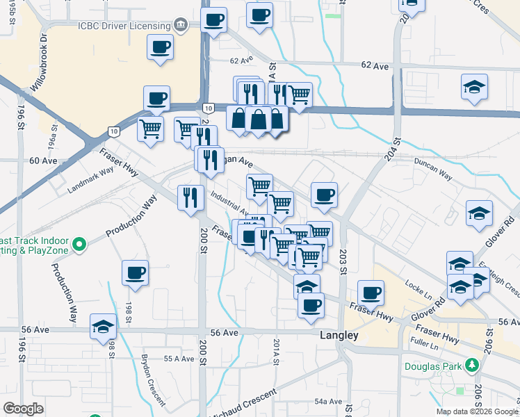 map of restaurants, bars, coffee shops, grocery stores, and more near 20133 Industrial Avenue in Langley