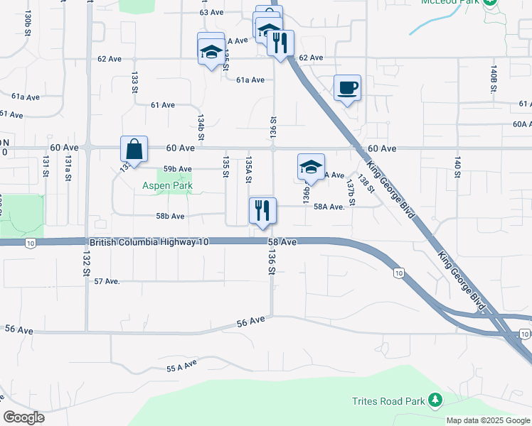map of restaurants, bars, coffee shops, grocery stores, and more near 5863 136 Street in Surrey
