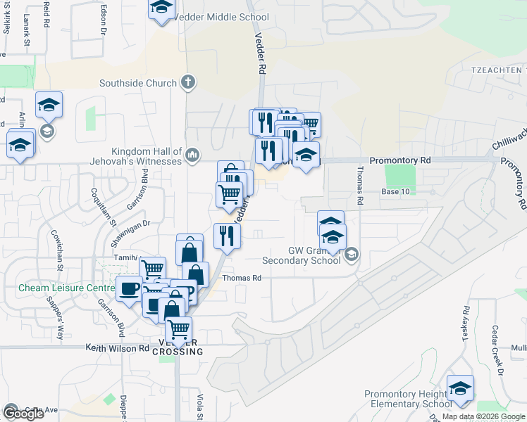 map of restaurants, bars, coffee shops, grocery stores, and more near 5926 Vedder Road in Chilliwack
