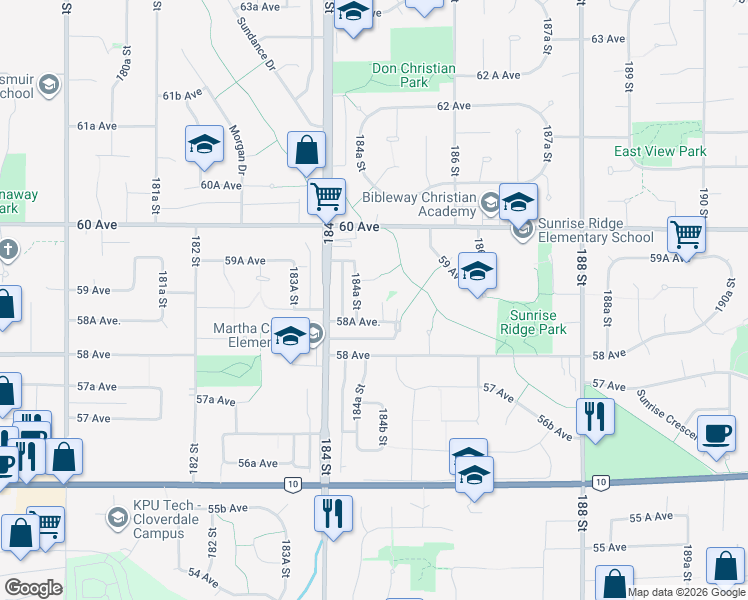 map of restaurants, bars, coffee shops, grocery stores, and more near 5879 184B Street in Surrey