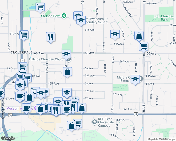 map of restaurants, bars, coffee shops, grocery stores, and more near 18036 59 Avenue in Surrey