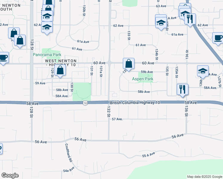 map of restaurants, bars, coffee shops, grocery stores, and more near 5858 132 Street in Surrey