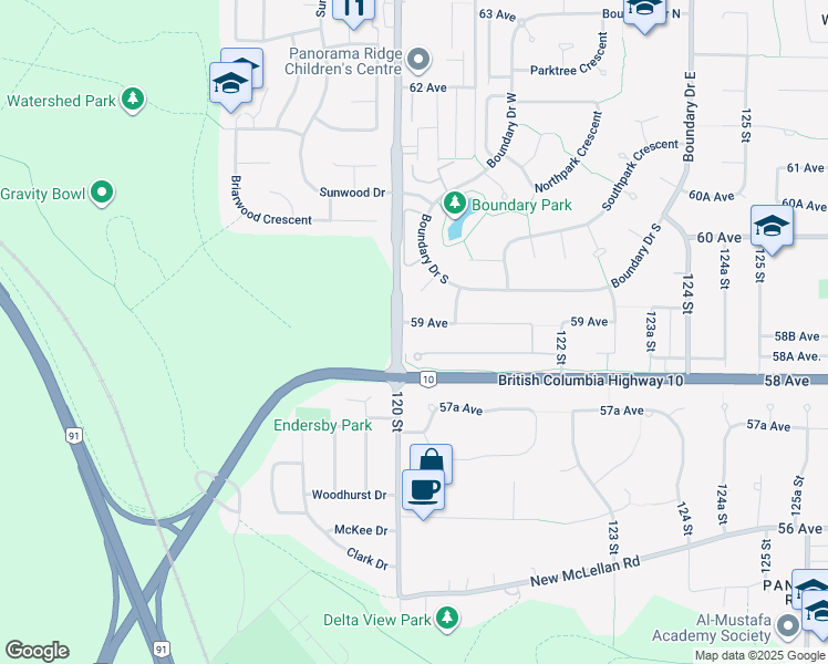 map of restaurants, bars, coffee shops, grocery stores, and more near 12038 59 Avenue in Surrey