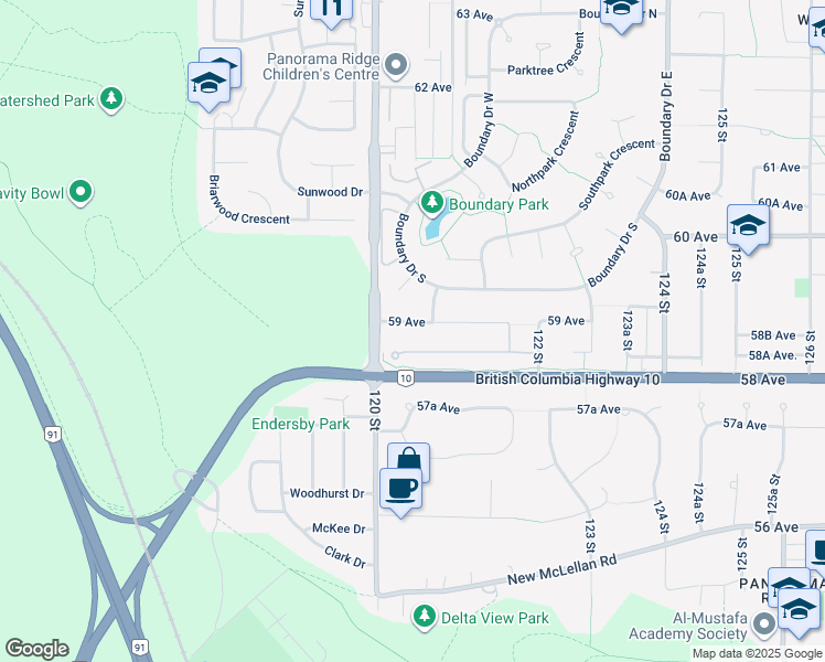 map of restaurants, bars, coffee shops, grocery stores, and more near 12070 59 Avenue in Surrey