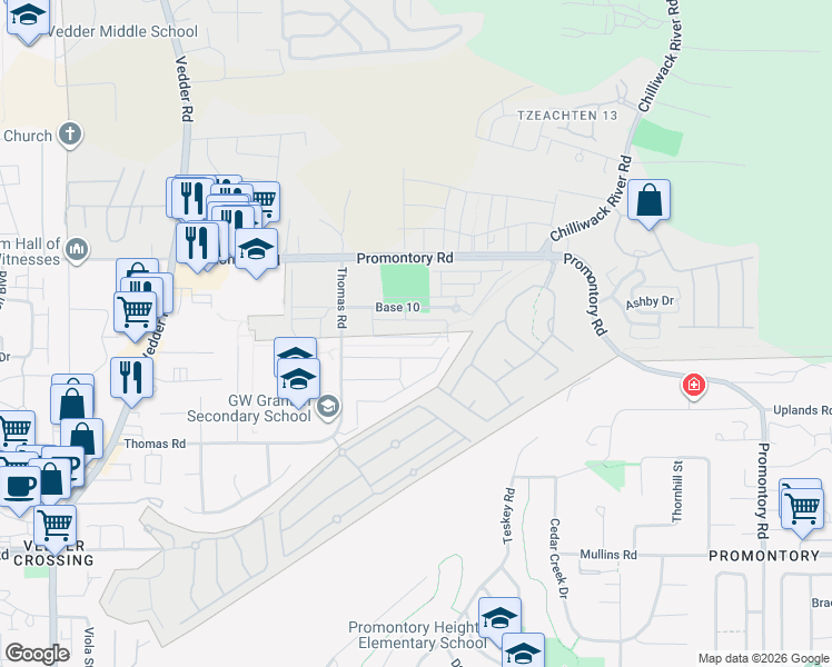 map of restaurants, bars, coffee shops, grocery stores, and more near 46110 Promontory Road in Chilliwack