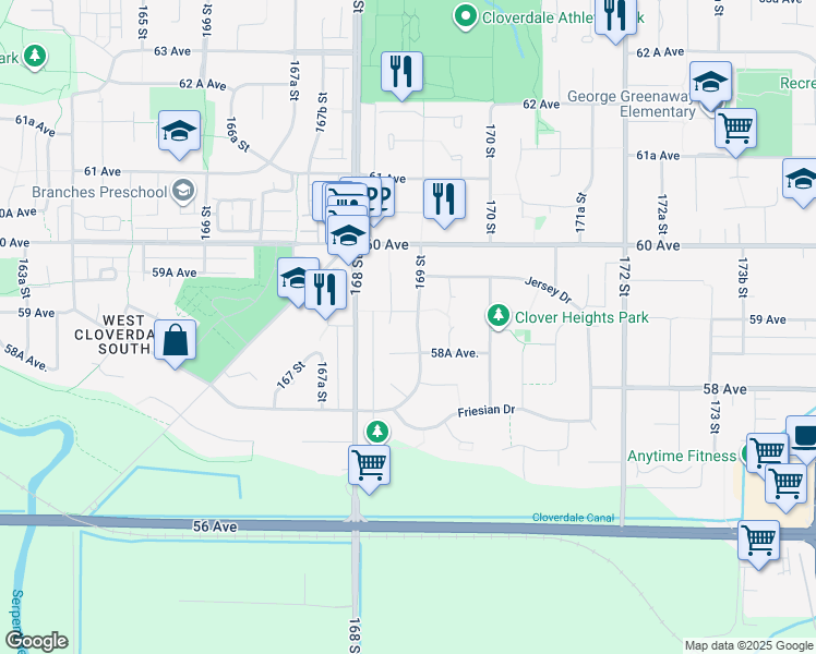 map of restaurants, bars, coffee shops, grocery stores, and more near 5879 169 Street in Surrey
