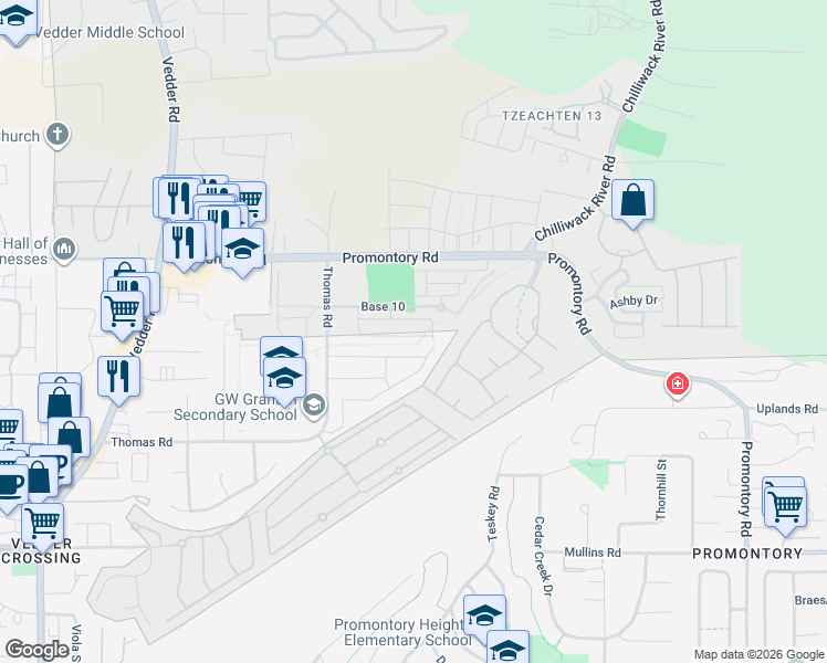 map of restaurants, bars, coffee shops, grocery stores, and more near 46110 Promontory Road in Chilliwack