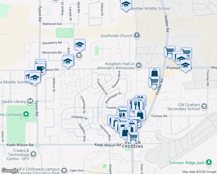 map of restaurants, bars, coffee shops, grocery stores, and more near 5895 Garrison Boulevard in Chilliwack
