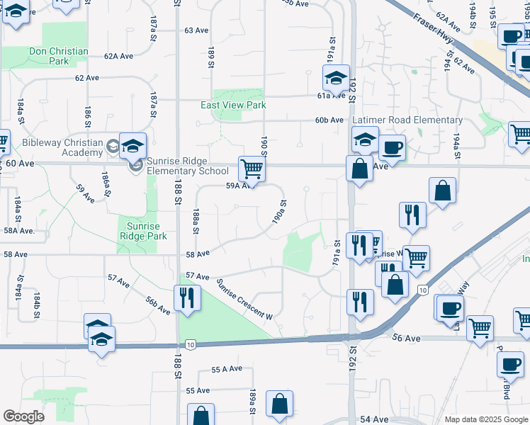 map of restaurants, bars, coffee shops, grocery stores, and more near 19010 59 Avenue in Surrey