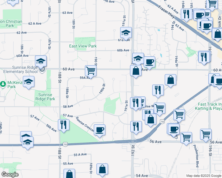 map of restaurants, bars, coffee shops, grocery stores, and more near 5921 191 Street in Surrey