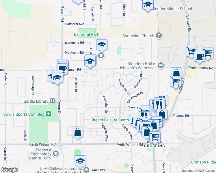 map of restaurants, bars, coffee shops, grocery stores, and more near 5948 Matsqui Street in Chilliwack