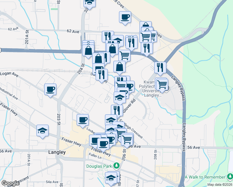map of restaurants, bars, coffee shops, grocery stores, and more near 5967 206A Street in Langley
