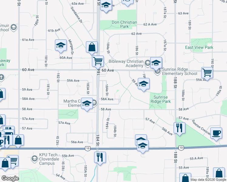 map of restaurants, bars, coffee shops, grocery stores, and more near 5887 184B Street in Surrey