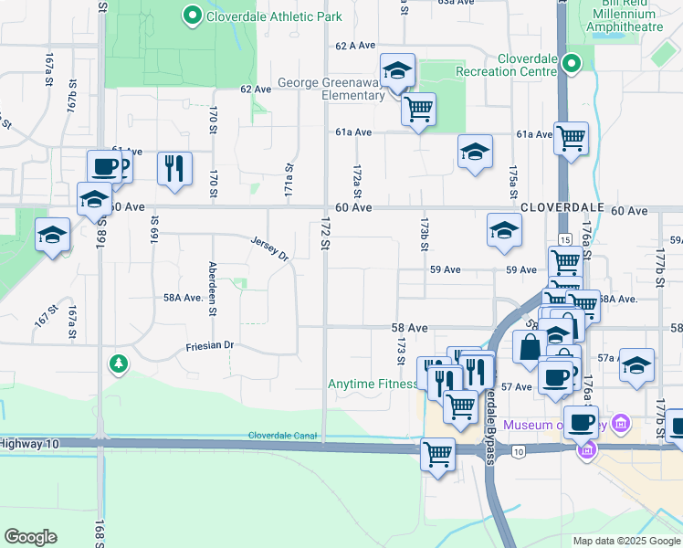 map of restaurants, bars, coffee shops, grocery stores, and more near 17226 59 Avenue in Surrey
