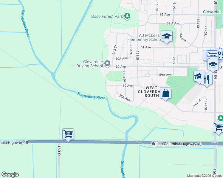 map of restaurants, bars, coffee shops, grocery stores, and more near 16248 59 Avenue in Surrey