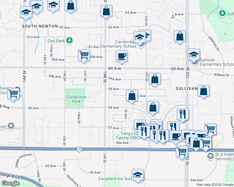 map of restaurants, bars, coffee shops, grocery stores, and more near 14867 58A Avenue in Surrey