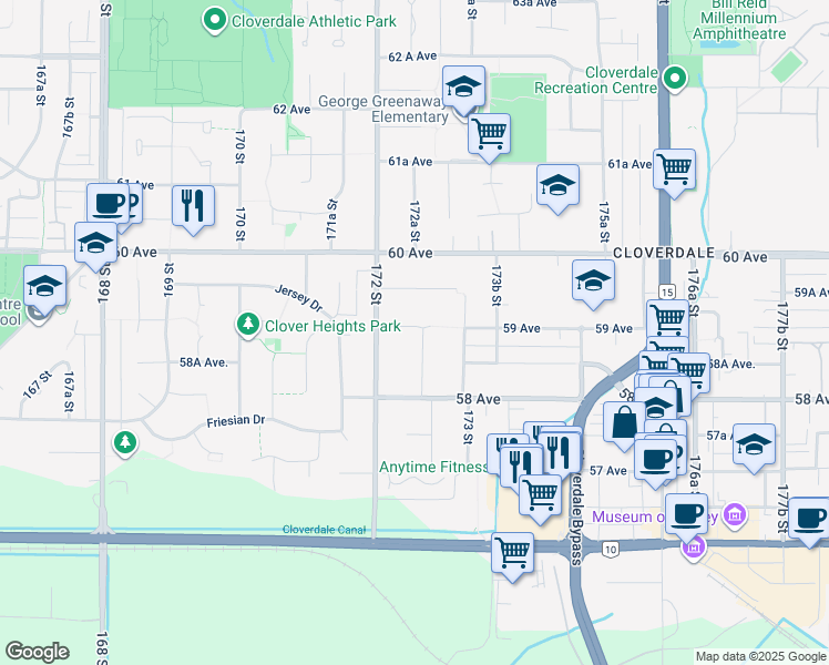 map of restaurants, bars, coffee shops, grocery stores, and more near 17246 59 Avenue in Surrey