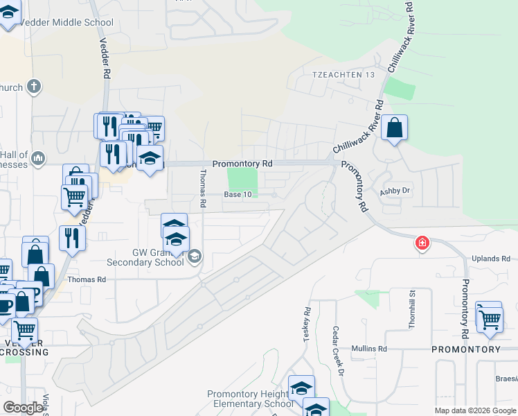 map of restaurants, bars, coffee shops, grocery stores, and more near 46110 Promontory Road in Chilliwack