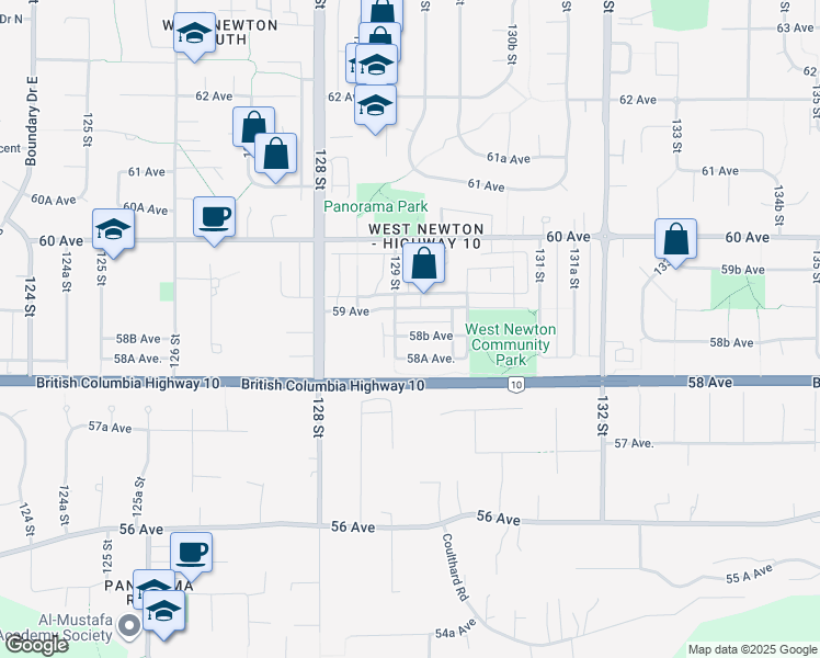 map of restaurants, bars, coffee shops, grocery stores, and more near 12921 58B Avenue in Surrey
