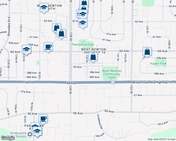map of restaurants, bars, coffee shops, grocery stores, and more near 5878 129 Street in Surrey
