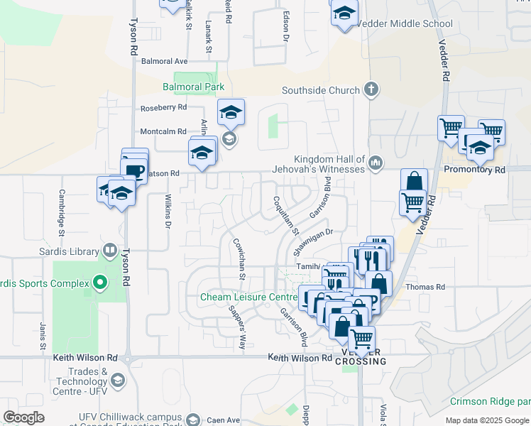 map of restaurants, bars, coffee shops, grocery stores, and more near 5745 Cheamview Crescent in Chilliwack