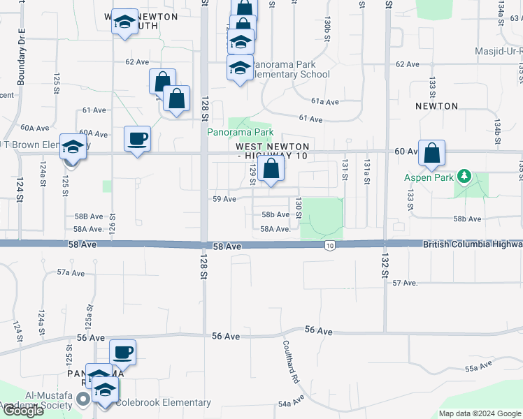 map of restaurants, bars, coffee shops, grocery stores, and more near 12953 58B Avenue in Surrey
