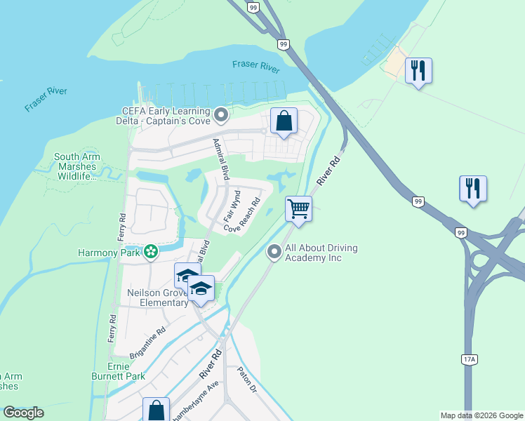map of restaurants, bars, coffee shops, grocery stores, and more near 5575 Cove Inlet Road in Delta