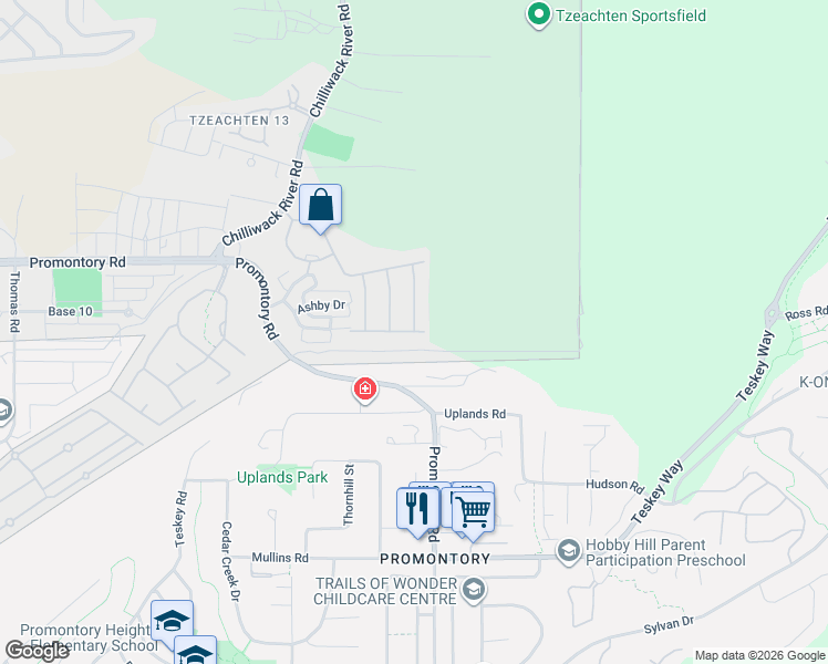 map of restaurants, bars, coffee shops, grocery stores, and more near Hearthstone Avenue in Chilliwack