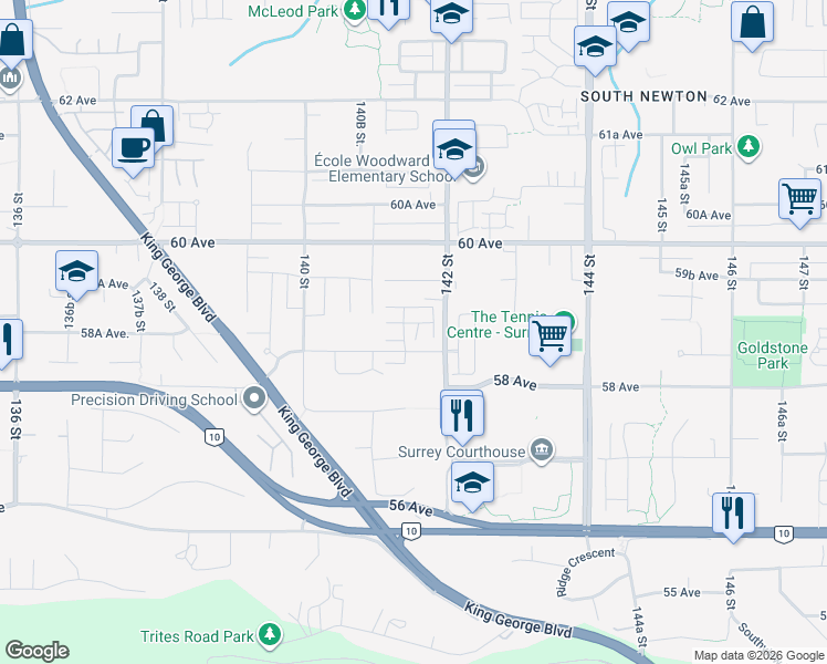 map of restaurants, bars, coffee shops, grocery stores, and more near 5933 141 Street in Surrey