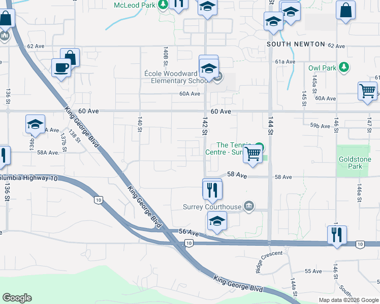 map of restaurants, bars, coffee shops, grocery stores, and more near 14151 58A Avenue in Surrey