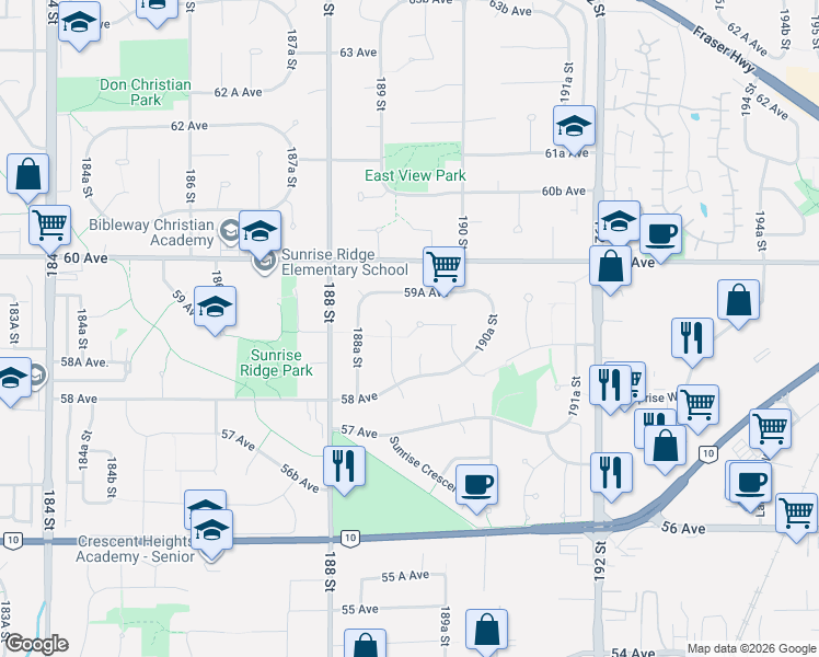 map of restaurants, bars, coffee shops, grocery stores, and more near 18956 59 Avenue in Surrey