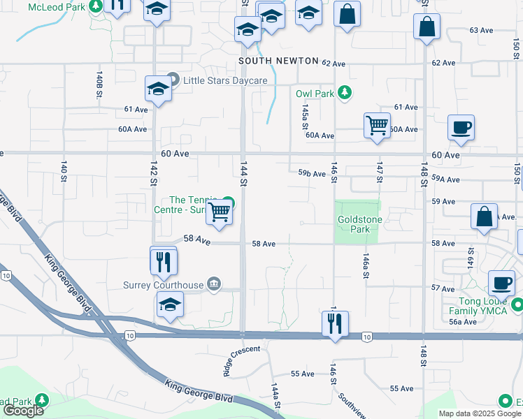 map of restaurants, bars, coffee shops, grocery stores, and more near 5888 144 Street in Surrey