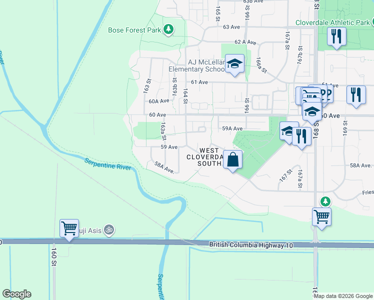map of restaurants, bars, coffee shops, grocery stores, and more near in Surrey