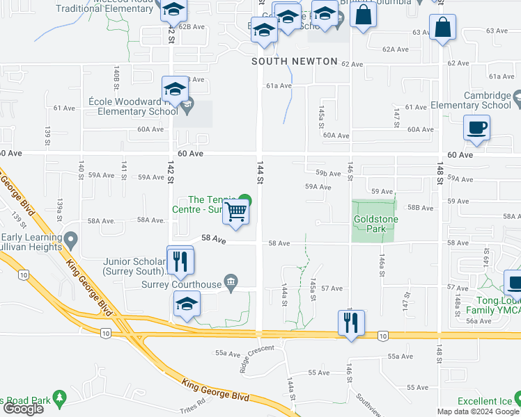 map of restaurants, bars, coffee shops, grocery stores, and more near 5888 144 Street in Surrey