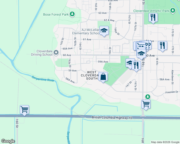 map of restaurants, bars, coffee shops, grocery stores, and more near 5879 165 Street in Surrey