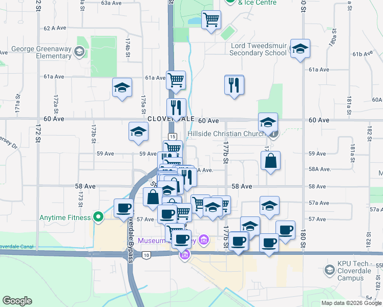 map of restaurants, bars, coffee shops, grocery stores, and more near 5906 176A Street in Surrey