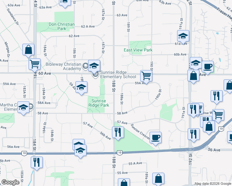 map of restaurants, bars, coffee shops, grocery stores, and more near 5904 188 Street in Surrey