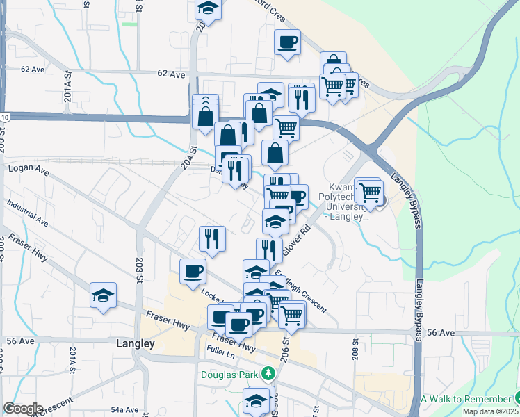 map of restaurants, bars, coffee shops, grocery stores, and more near 20620 Duncan Way in Langley